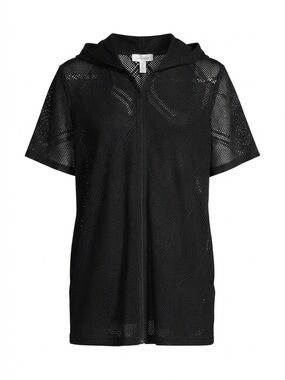 Krista Black Short Sleeve Hooded Mesh Swimsuit Cover-Up Size 1X